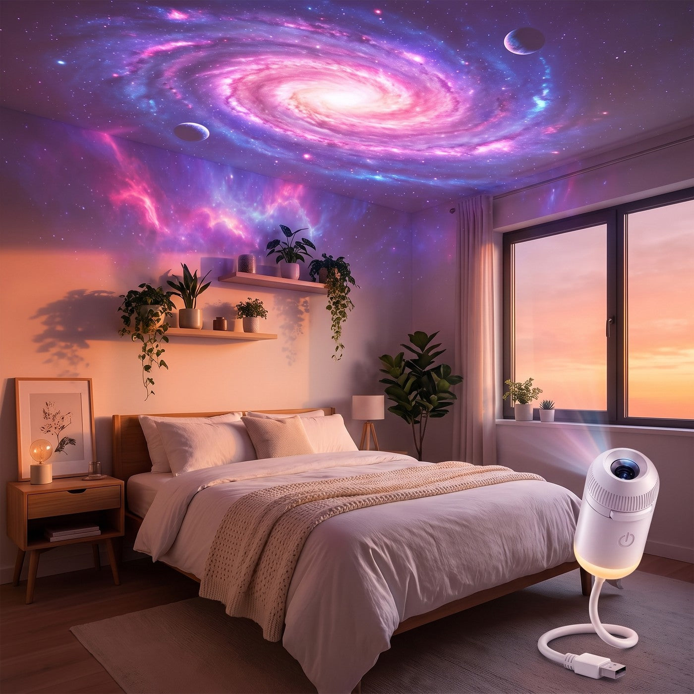 A pink and violet galaxy on a bedroom ceiling